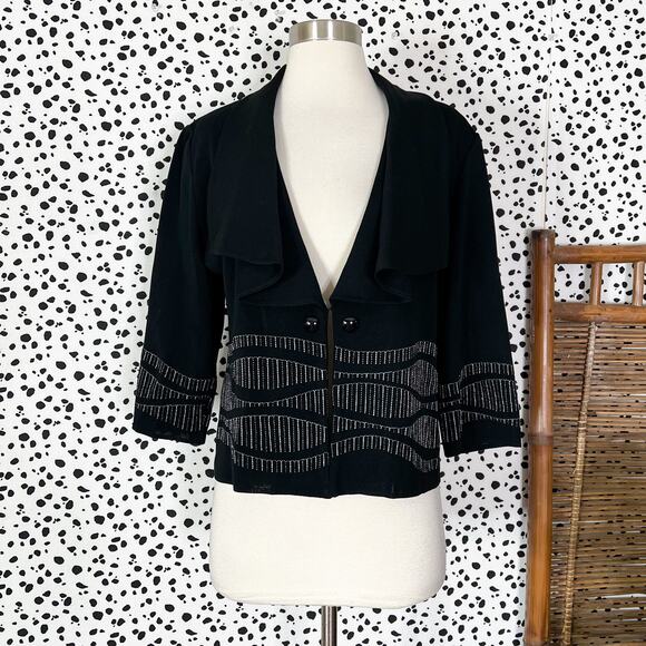 NEW Ming Wang | Silver Embroidered Black Knit 3/4 Sleeve Cardigan Jacket S NWT - Picture 2 of 9